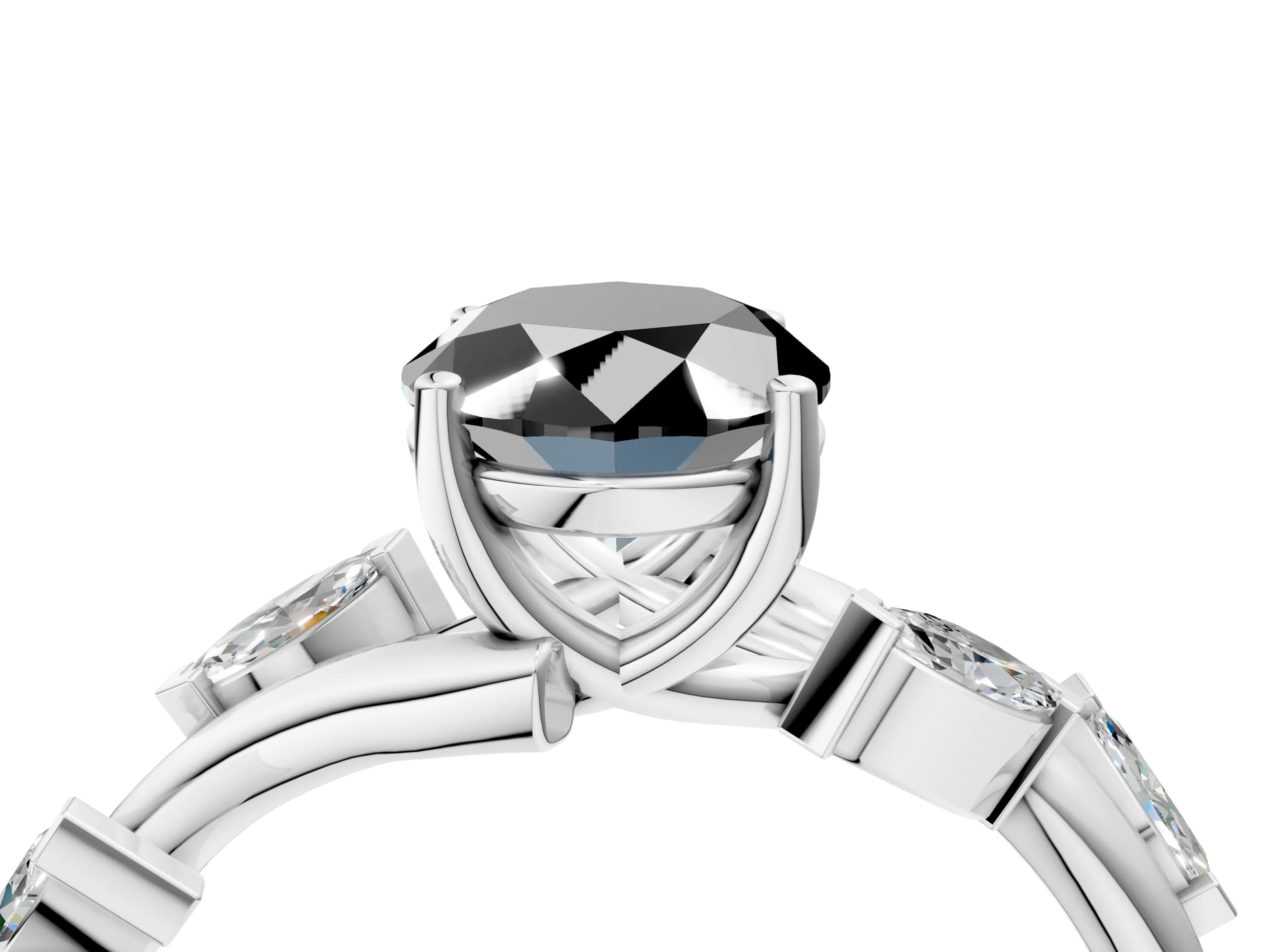White gold Fancy Black Oval Cut Solitaire Twisted Band Marquise Accent Prong Setting Ring_4