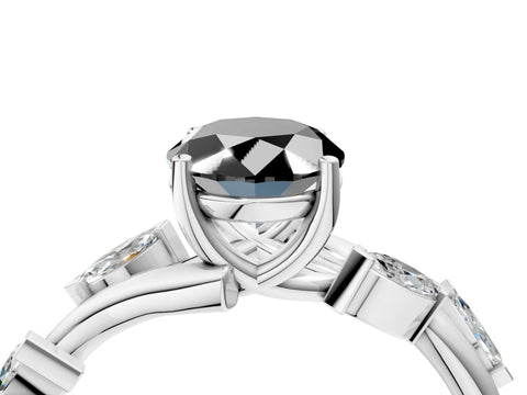 White gold Fancy Black Oval Cut Solitaire Twisted Band Marquise Accent Prong Setting Ring_4