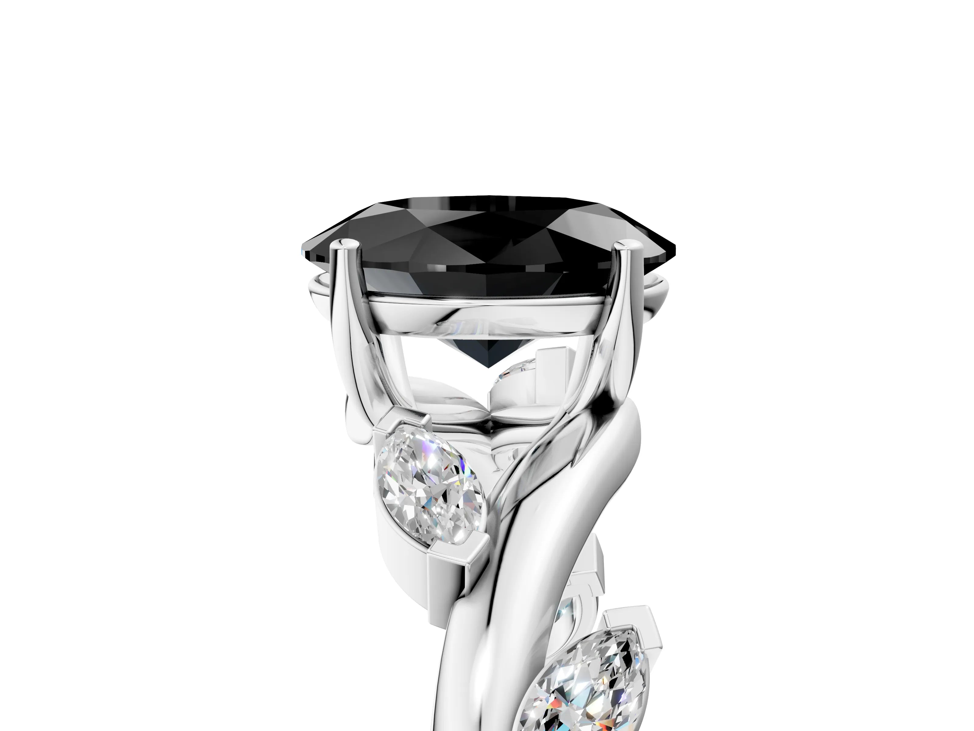 White gold Fancy Black Oval Cut Solitaire Twisted Band Marquise Accent Prong Setting Ring_5