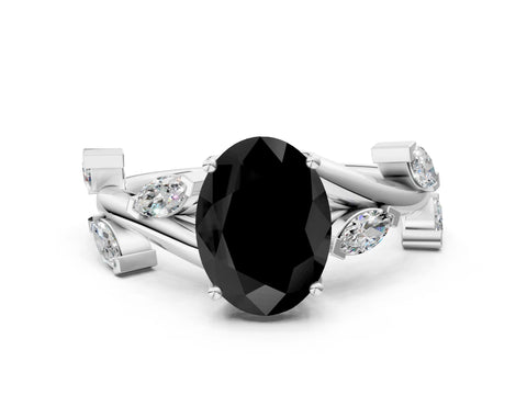 White gold Fancy Black Oval Cut Solitaire Twisted Band Marquise Accent Prong Setting Ring
