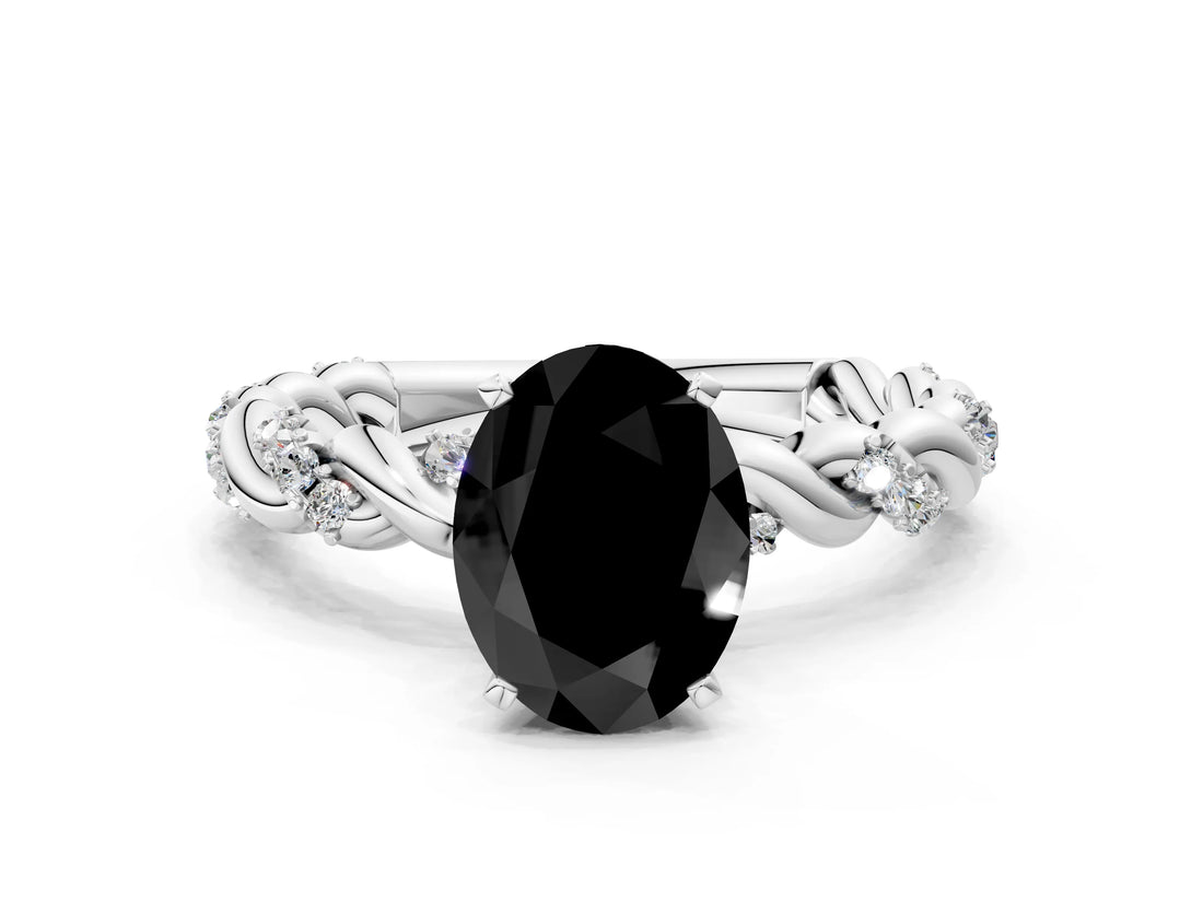 White gold Fancy Black Oval Cut Solitaire Twisted Band with Pavé Accents and Four-Prong Setting