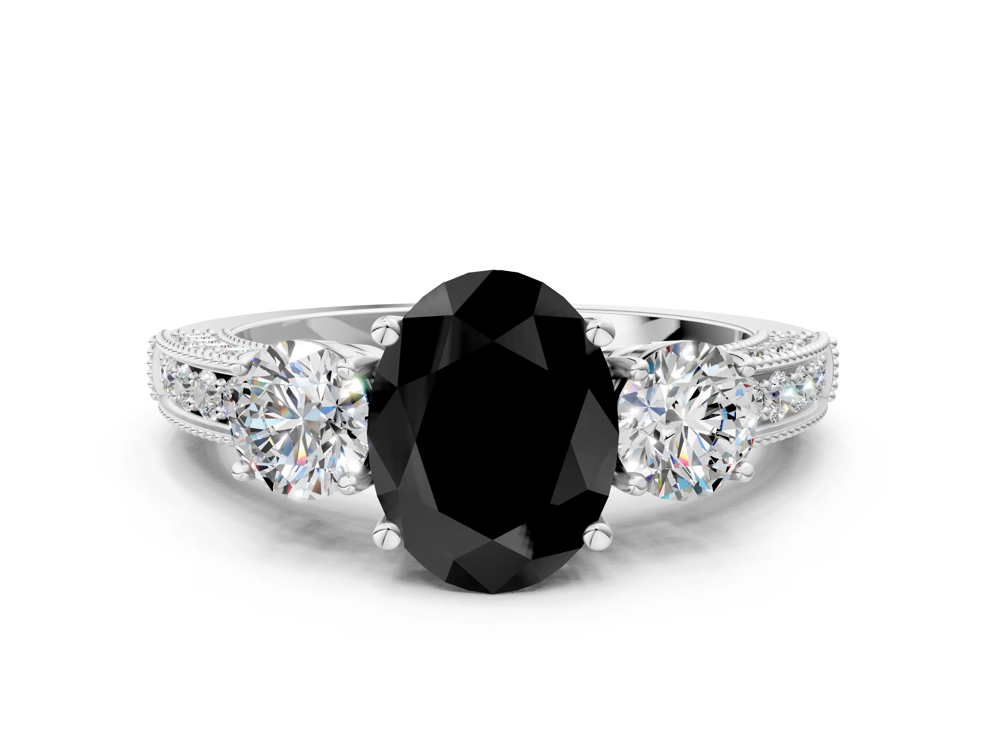 White gold Fancy Black Oval Cut Three-Stone Diamond Ring with Pavé Band and Four-Prong Setting