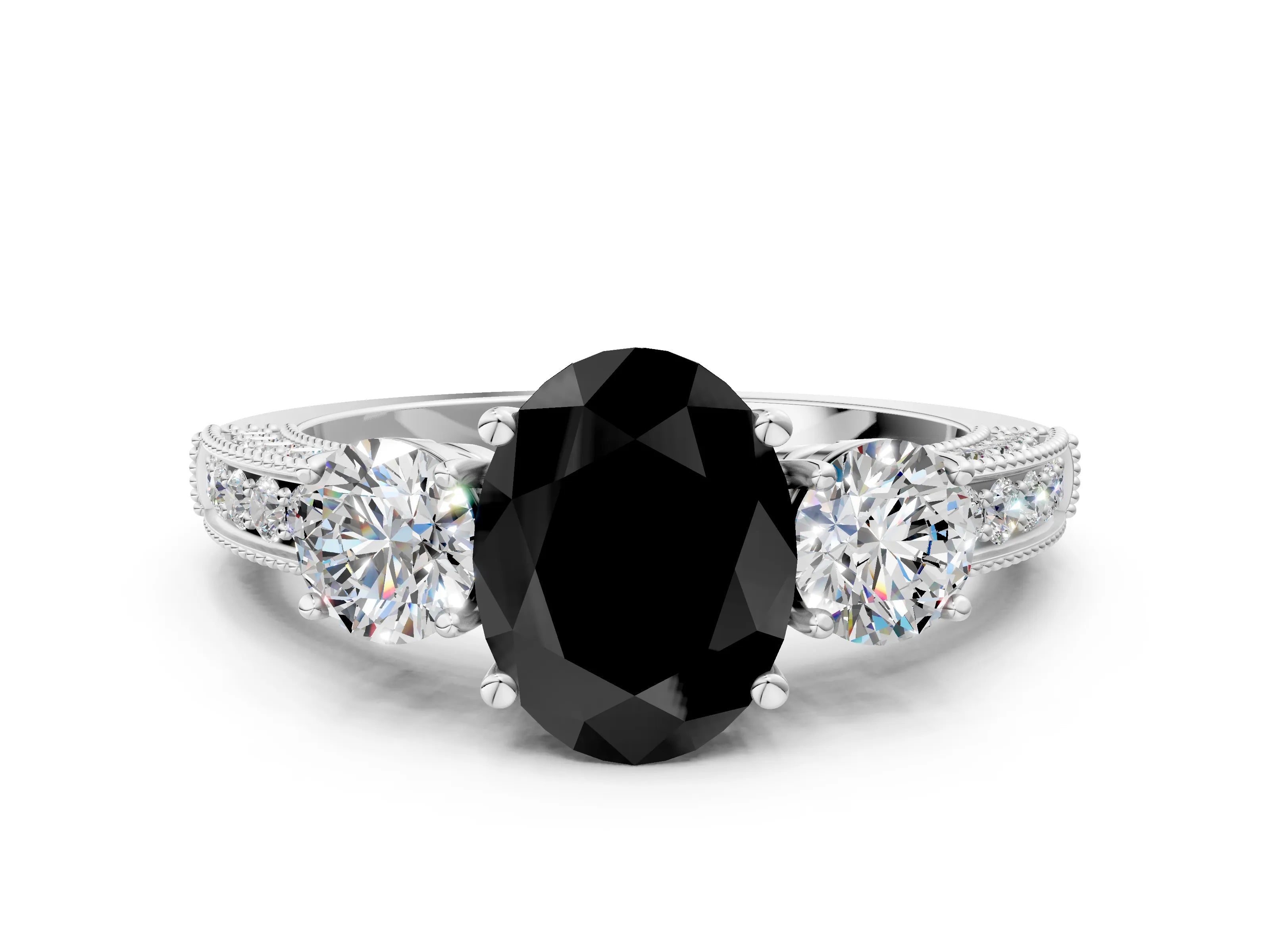 White gold Fancy Black Oval Cut Three-Stone Diamond Ring with Pavé Band and Four-Prong Setting_12