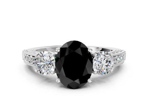 White gold Fancy Black Oval Cut Three-Stone Diamond Ring with Pavé Band and Four-Prong Setting_12