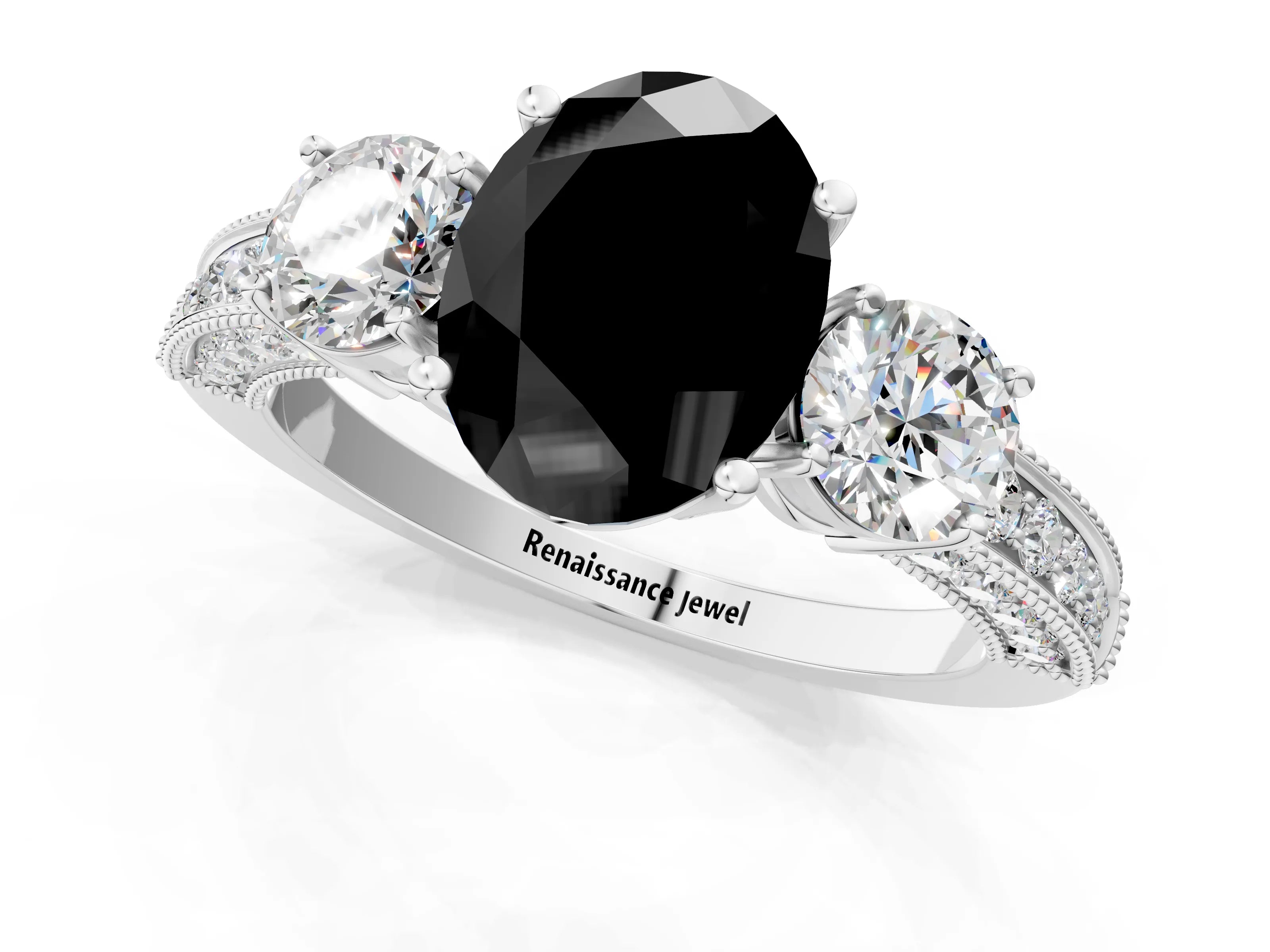 White gold Fancy Black Oval Cut Three-Stone Diamond Ring with Pavé Band and Four-Prong Setting_13