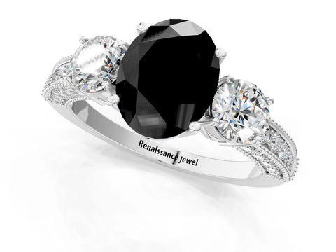 White gold Fancy Black Oval Cut Three-Stone Diamond Ring with Pavé Band and Four-Prong Setting_13