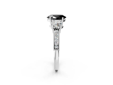 White gold Fancy Black Oval Cut Three-Stone Diamond Ring with Pavé Band and Four-Prong Setting_14