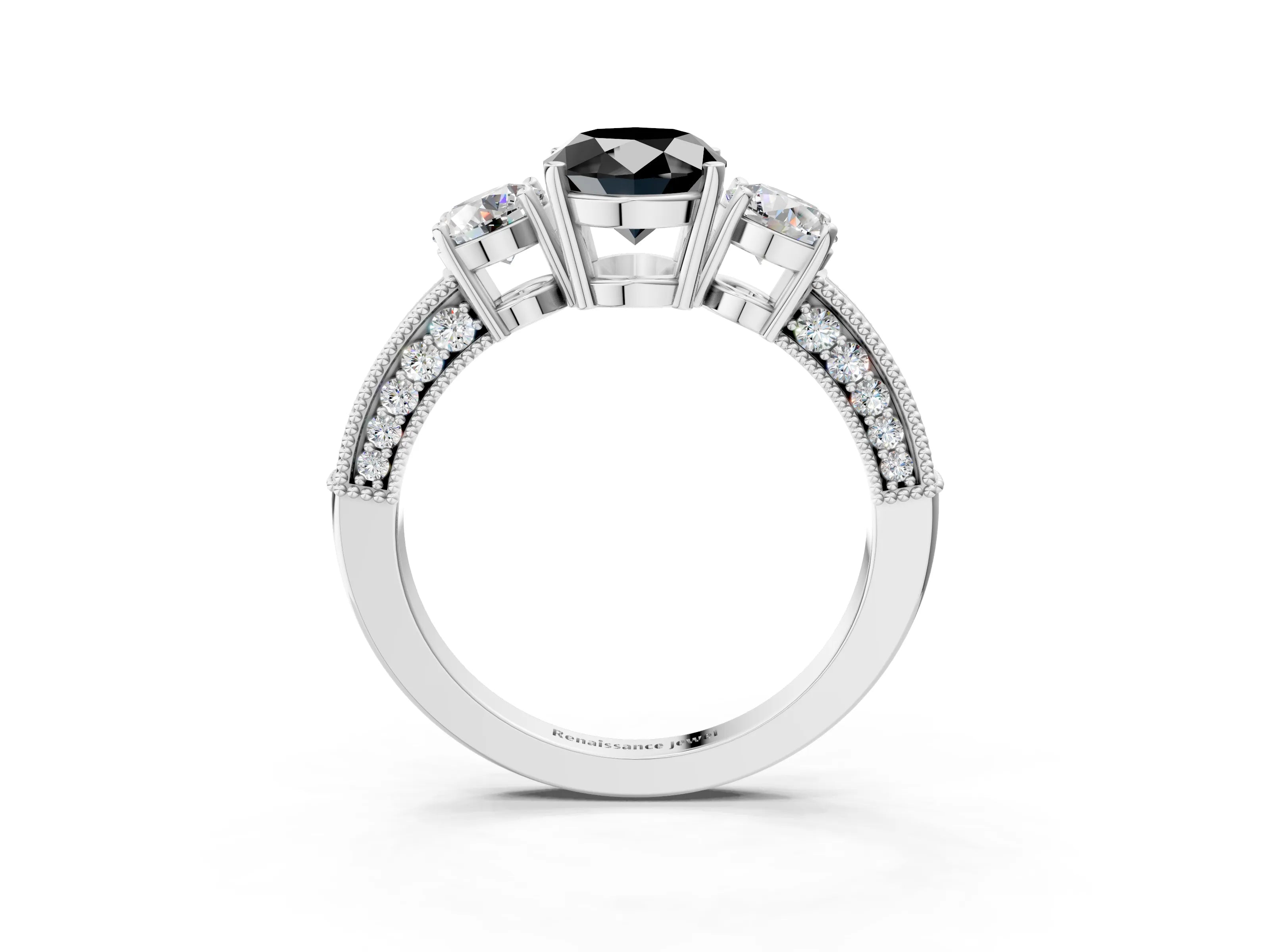 White gold Fancy Black Oval Cut Three-Stone Diamond Ring with Pavé Band and Four-Prong Setting_15