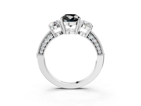 White gold Fancy Black Oval Cut Three-Stone Diamond Ring with Pavé Band and Four-Prong Setting_15