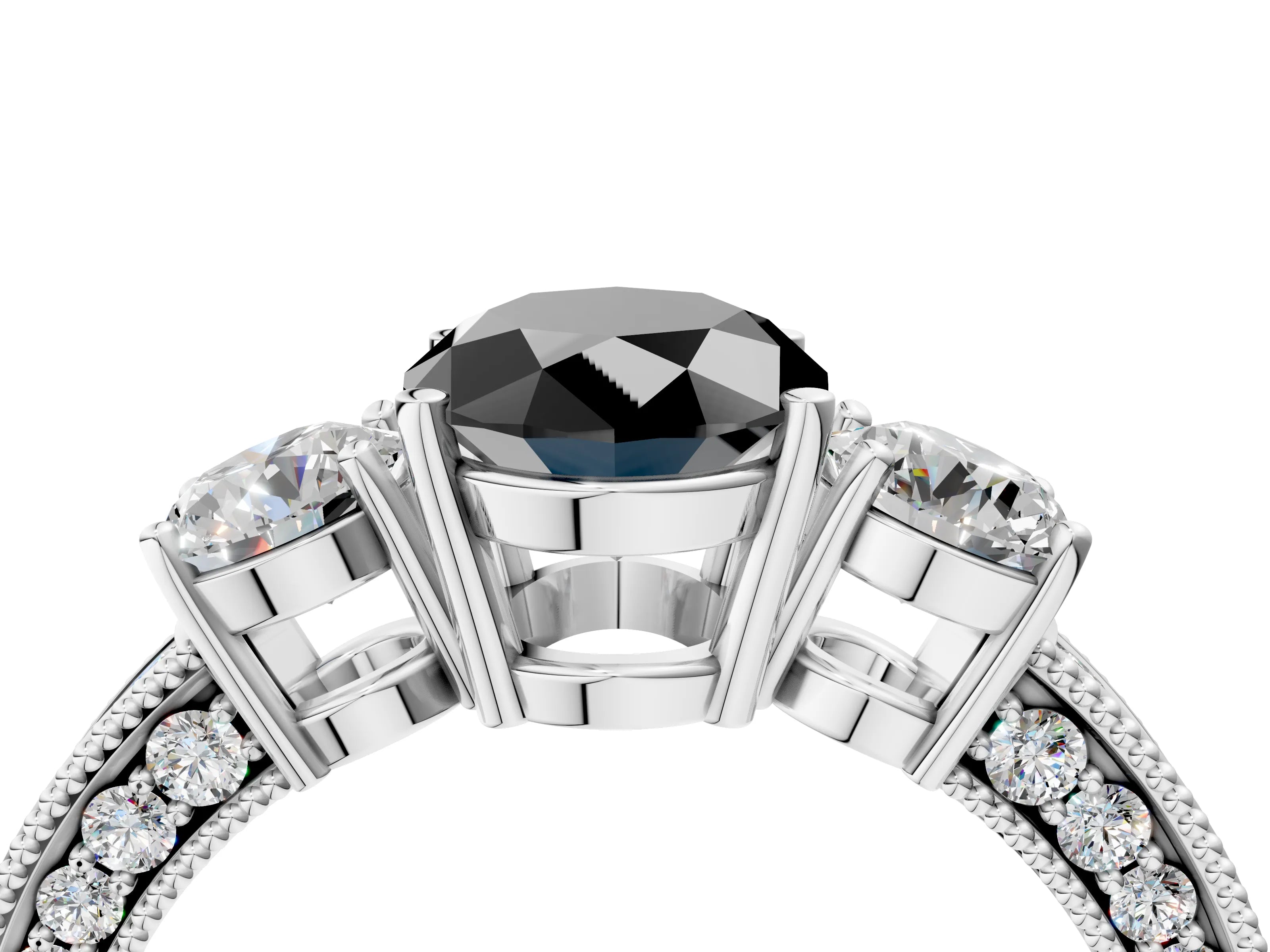 White gold Fancy Black Oval Cut Three-Stone Diamond Ring with Pavé Band and Four-Prong Setting_16
