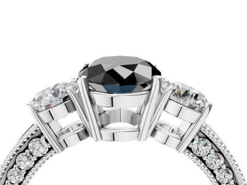 White gold Fancy Black Oval Cut Three-Stone Diamond Ring with Pavé Band and Four-Prong Setting_16
