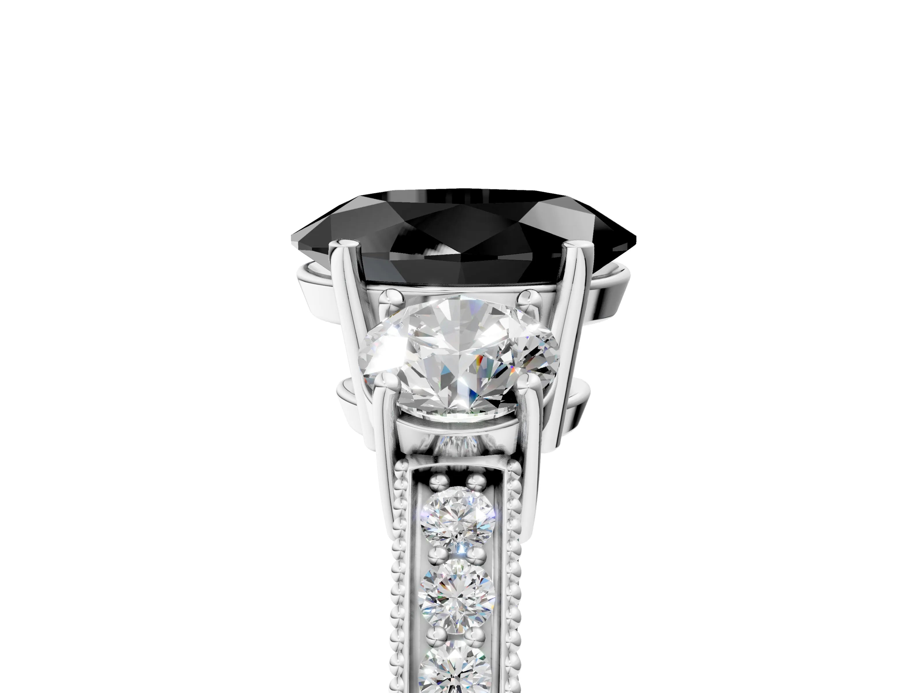 White gold Fancy Black Oval Cut Three-Stone Diamond Ring with Pavé Band and Four-Prong Setting_17