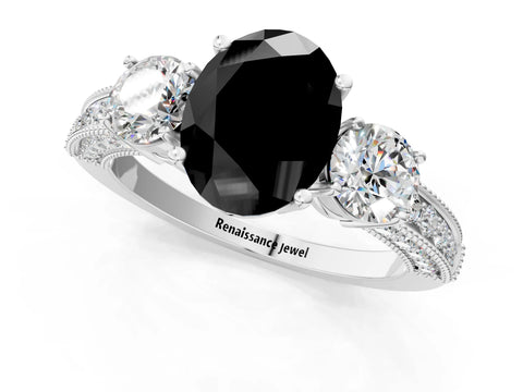 White gold Fancy Black Oval Cut Three-Stone Diamond Ring with Pavé Band and Four-Prong Setting_1