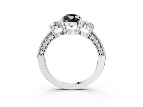 White gold Fancy Black Oval Cut Three-Stone Diamond Ring with Pavé Band and Four-Prong Setting_3