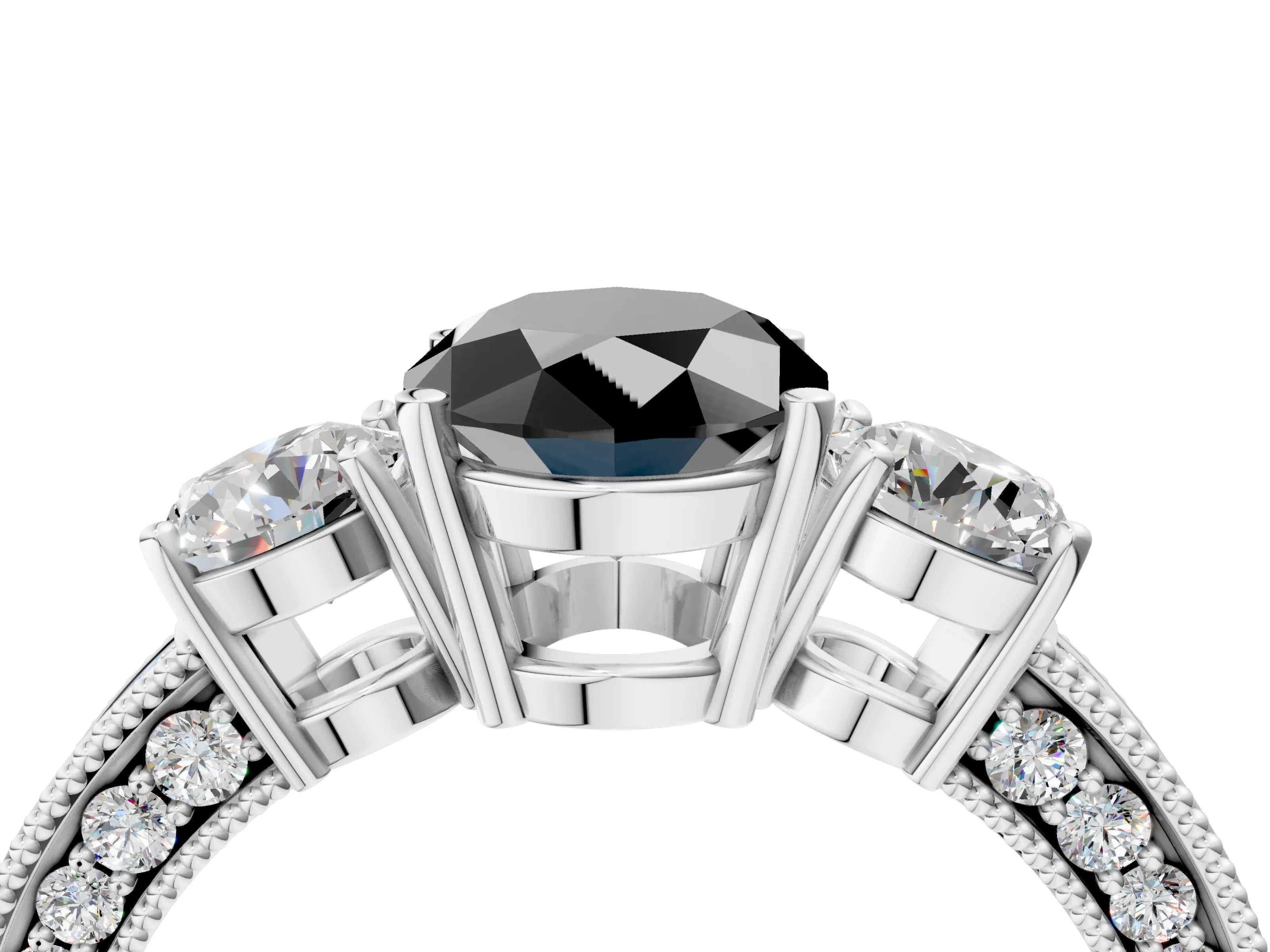 White gold Fancy Black Oval Cut Three-Stone Diamond Ring with Pavé Band and Four-Prong Setting_4