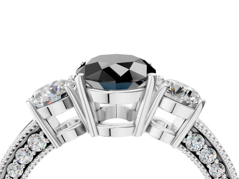White gold Fancy Black Oval Cut Three-Stone Diamond Ring with Pavé Band and Four-Prong Setting_4