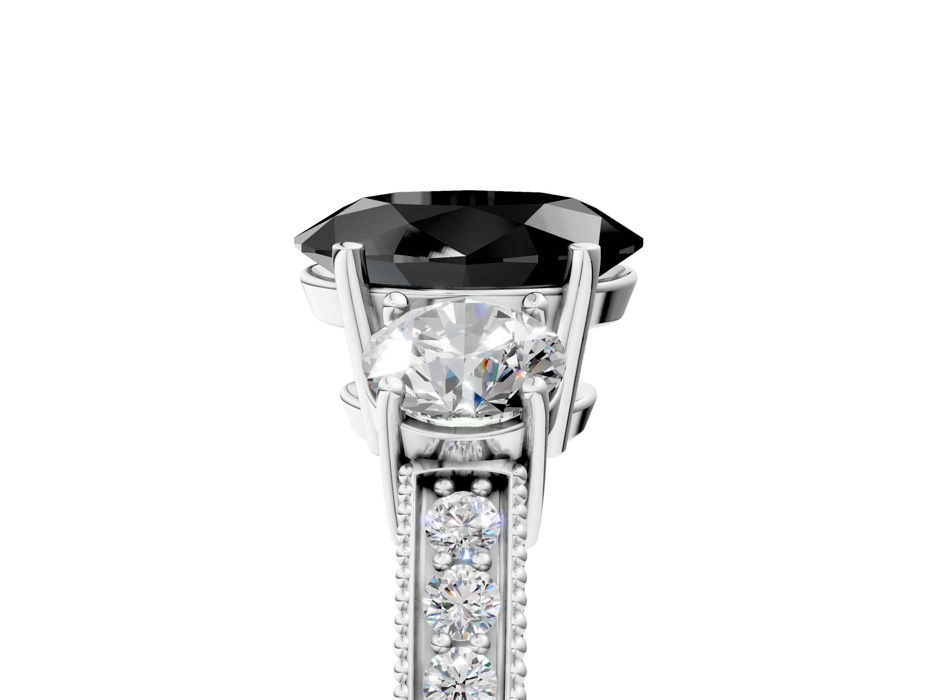 White gold Fancy Black Oval Cut Three-Stone Diamond Ring with Pavé Band and Four-Prong Setting_5