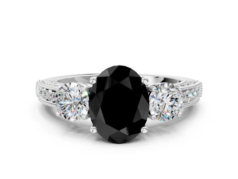 White gold Fancy Black Oval Cut Three-Stone Diamond Ring with Pavé Band and Four-Prong Setting