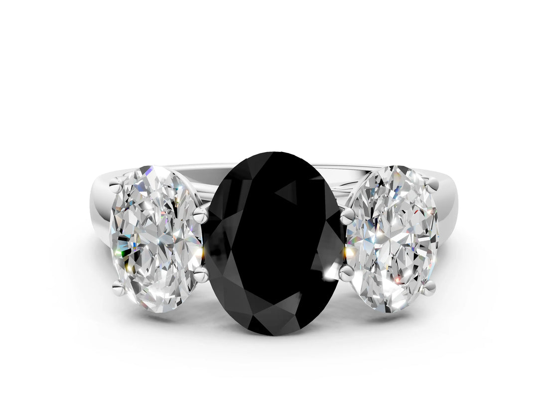 White gold Fancy Black Oval Cut Three-Stone Diamond Ring with Prong Setting on a Classic Band_6