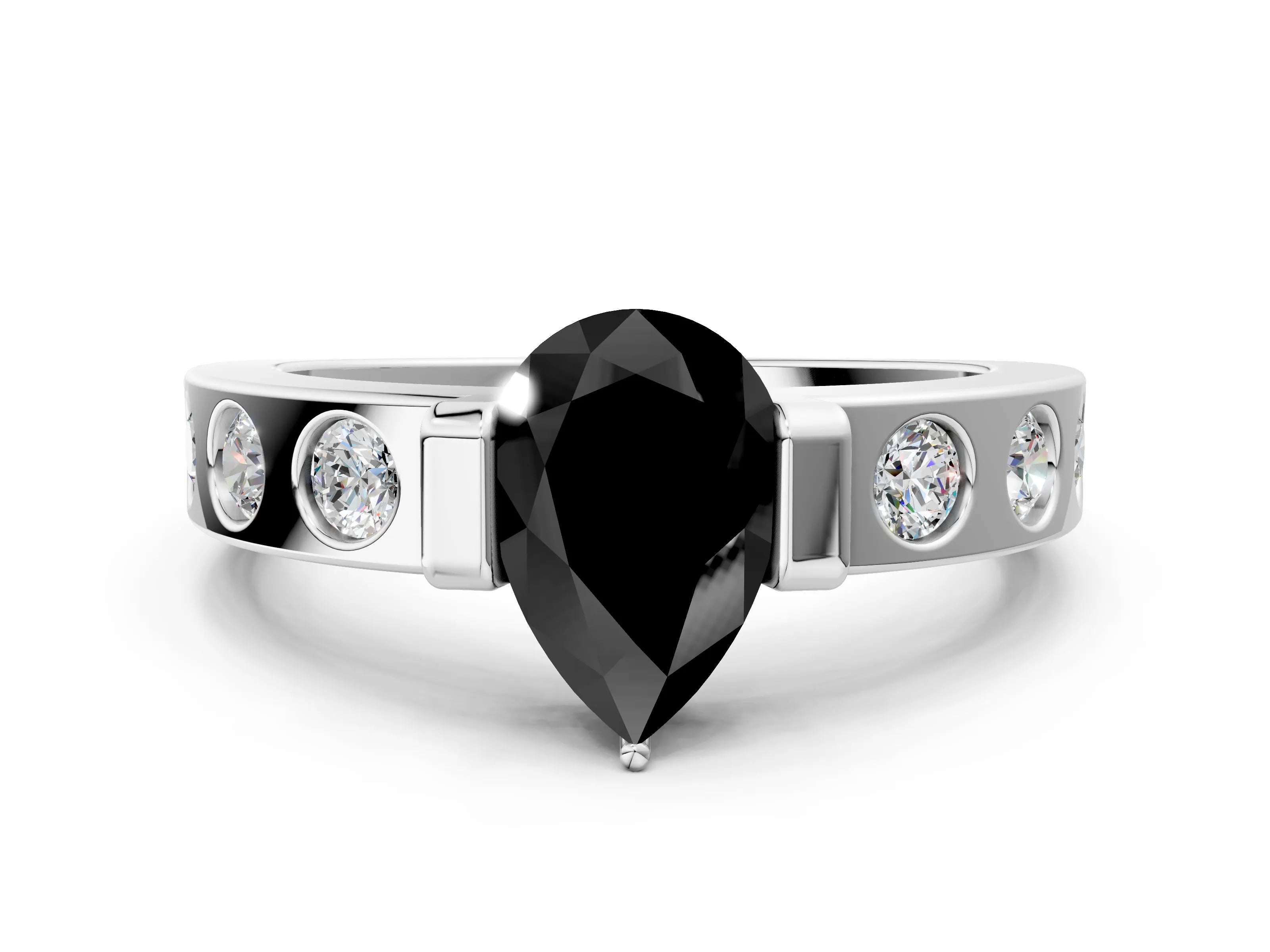 White gold Fancy Black Pear Cut Brilliant Channel-Set Diamond Ring with Bezel Prong Setting_12