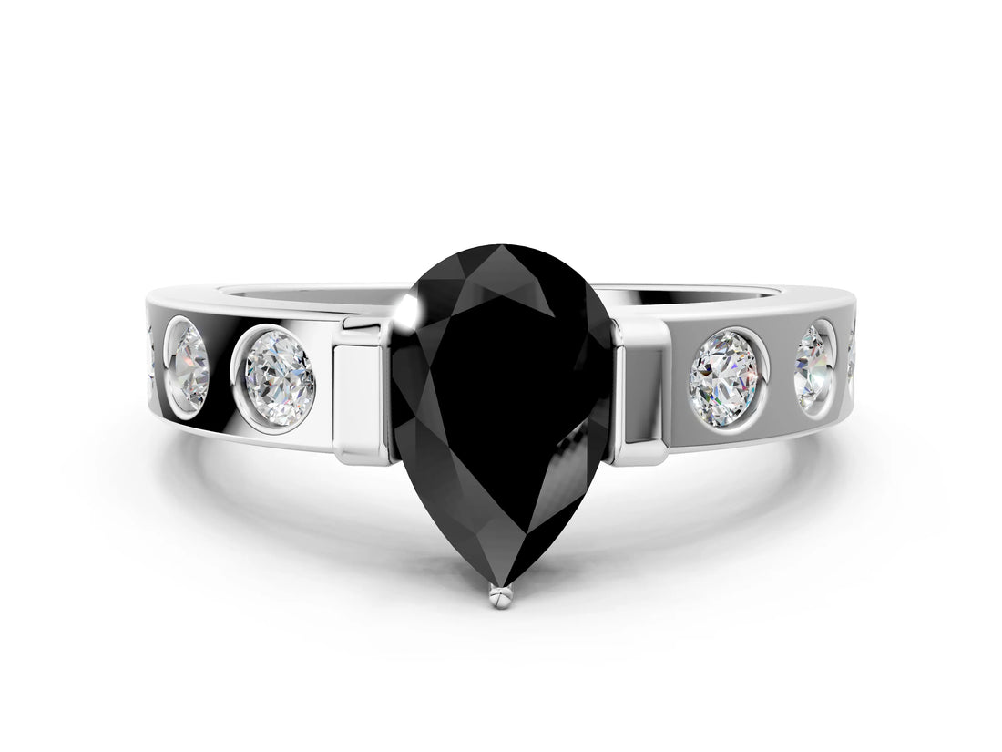 White gold Fancy Black Pear Cut Brilliant Channel-Set Diamond Ring with Bezel Prong Setting_12