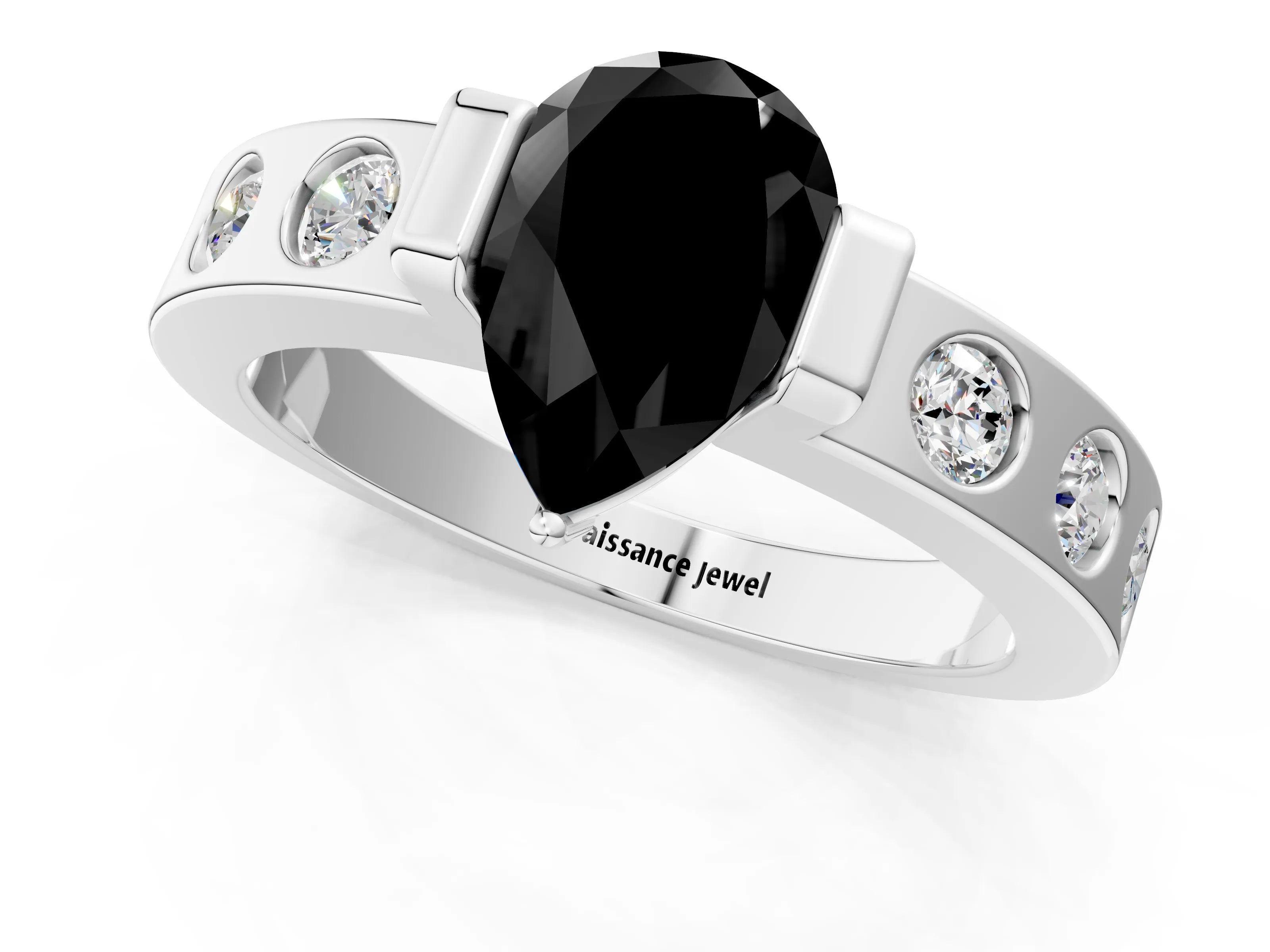 White gold Fancy Black Pear Cut Brilliant Channel-Set Diamond Ring with Bezel Prong Setting_13