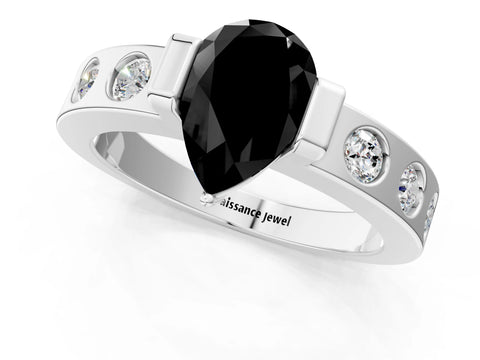 White gold Fancy Black Pear Cut Brilliant Channel-Set Diamond Ring with Bezel Prong Setting_13