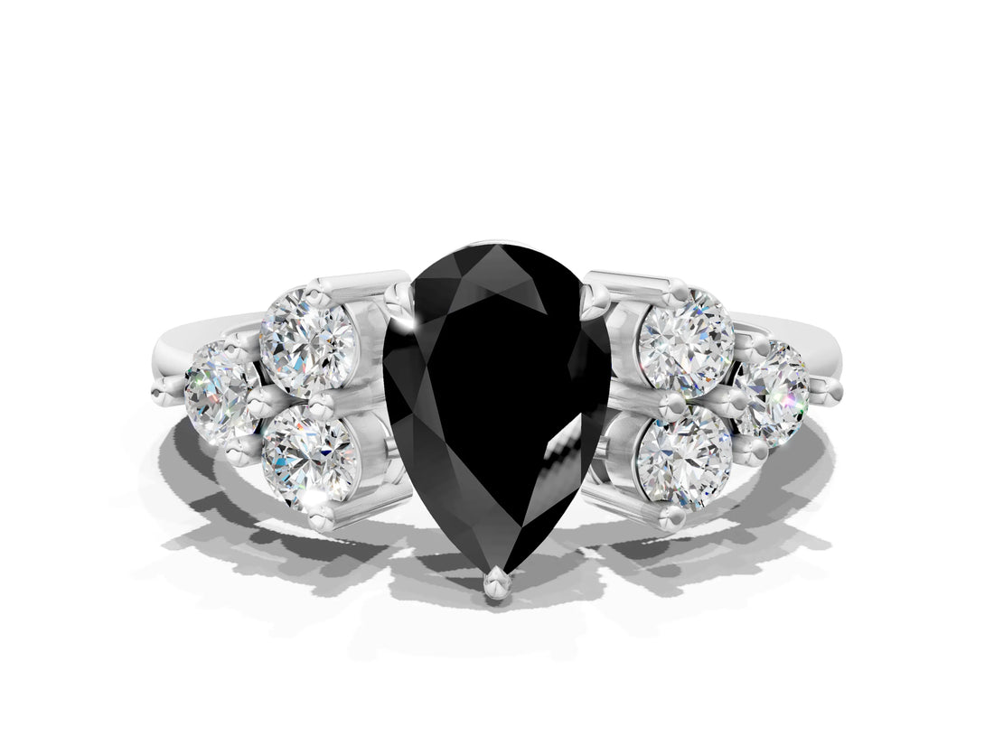 White gold Fancy Black Pear Cut Brilliant Diamond Cluster Accent Solitaire Ring with Prong Setting_12