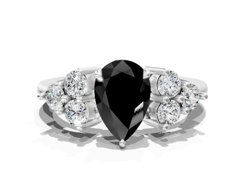 White gold Fancy Black Pear Cut Brilliant Diamond Cluster Accent Solitaire Ring with Prong Setting_12