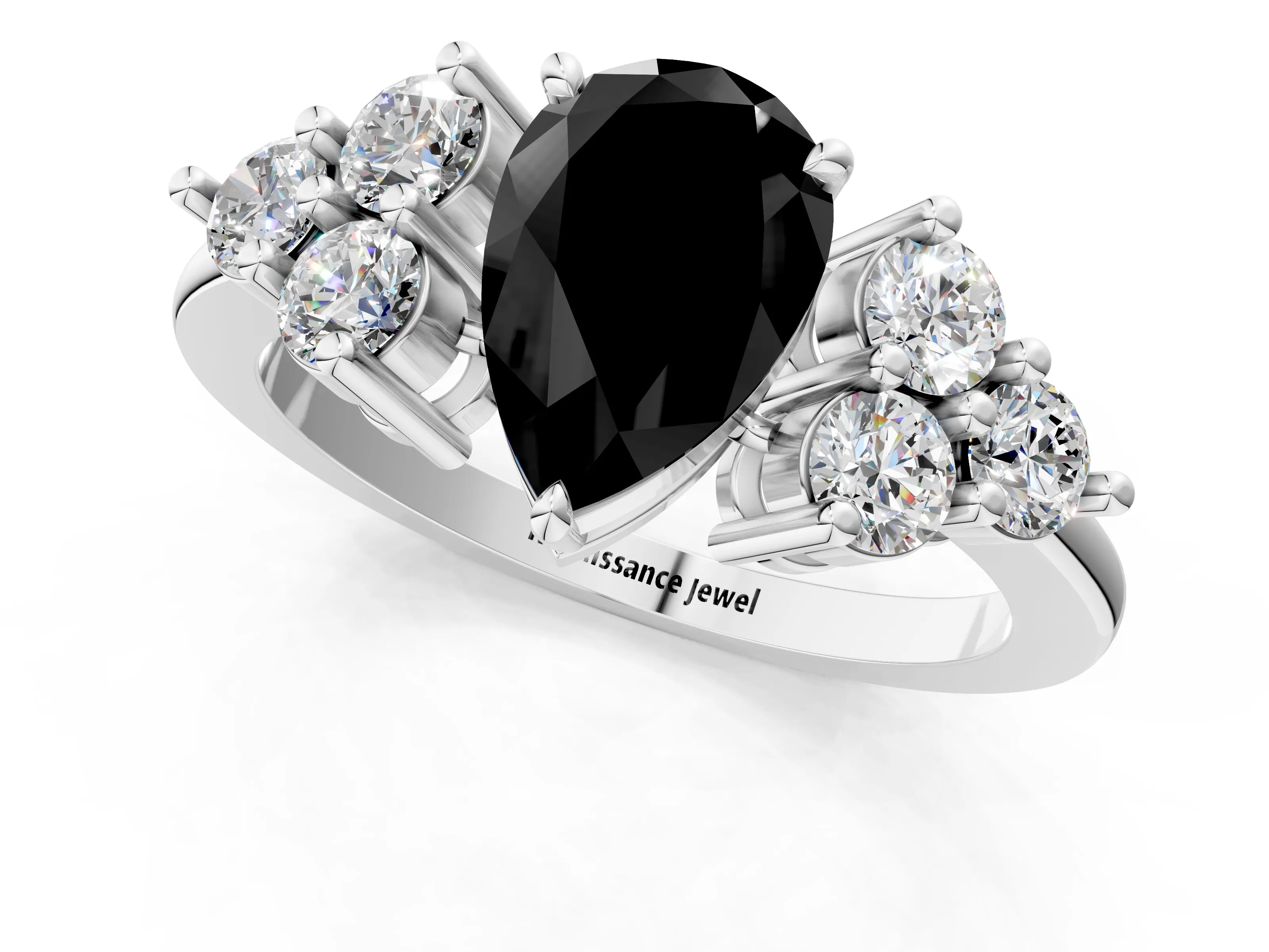White gold Fancy Black Pear Cut Brilliant Diamond Cluster Accent Solitaire Ring with Prong Setting_13