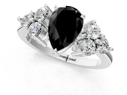 White gold Fancy Black Pear Cut Brilliant Diamond Cluster Accent Solitaire Ring with Prong Setting_1
