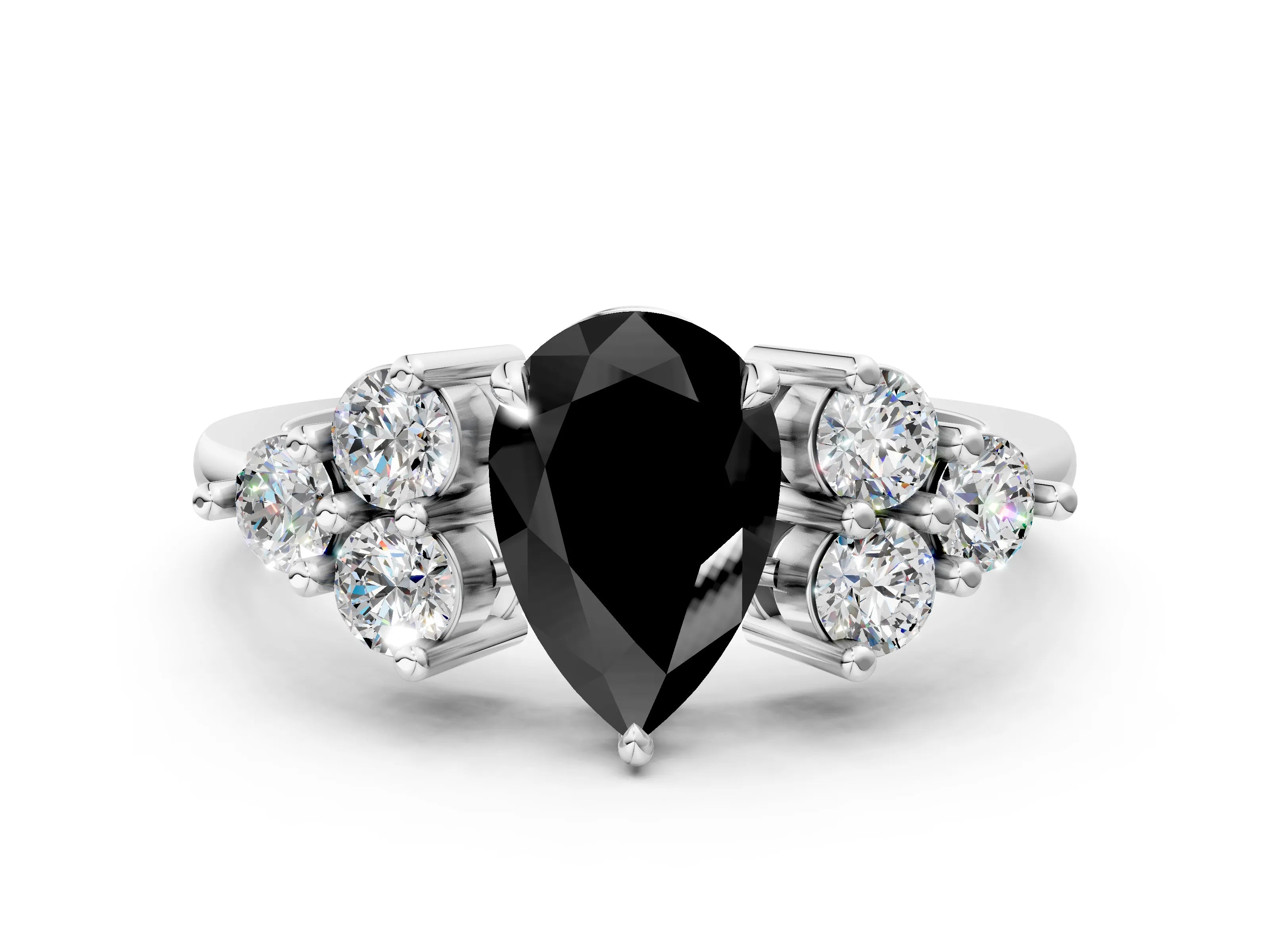 White gold Fancy Black Pear Cut Brilliant Diamond Cluster Accent Solitaire Ring with Prong Setting