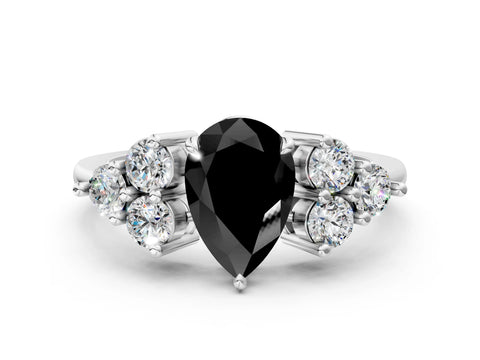 White gold Fancy Black Pear Cut Brilliant Diamond Cluster Accent Solitaire Ring with Prong Setting