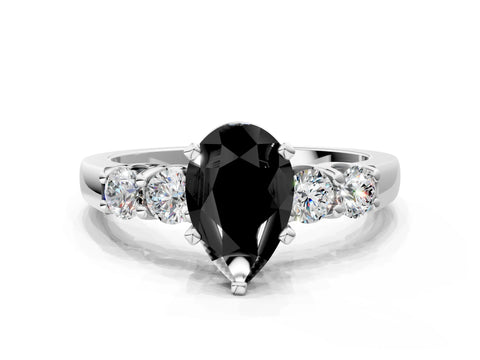 White gold Fancy Black Pear Cut Brilliant Diamond Five-Stone Engagement Ring with Prong Setting on a Classic Band_3