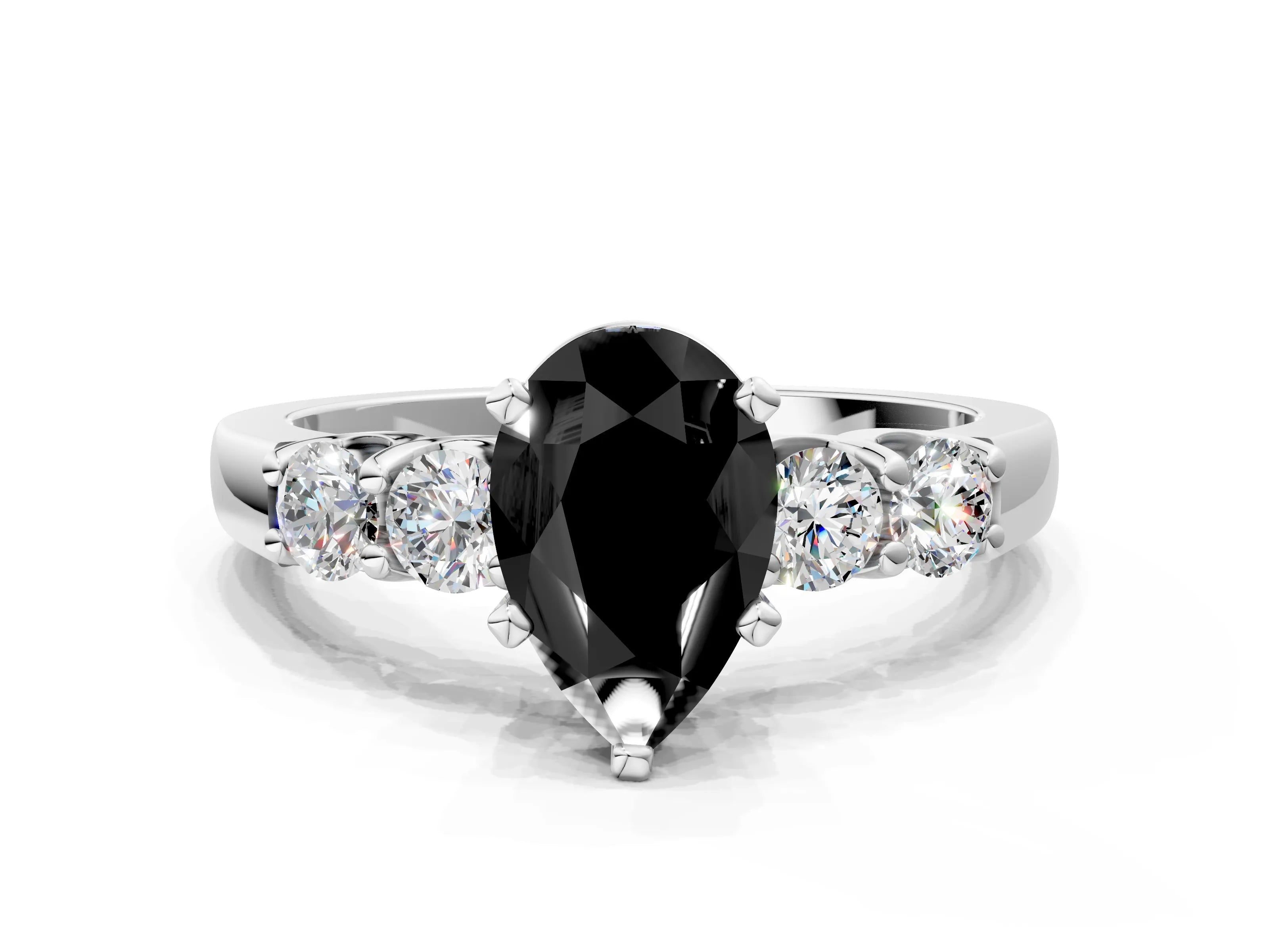 White gold Fancy Black Pear Cut Brilliant Diamond Five-Stone Engagement Ring with Prong Setting on a Classic Band_3