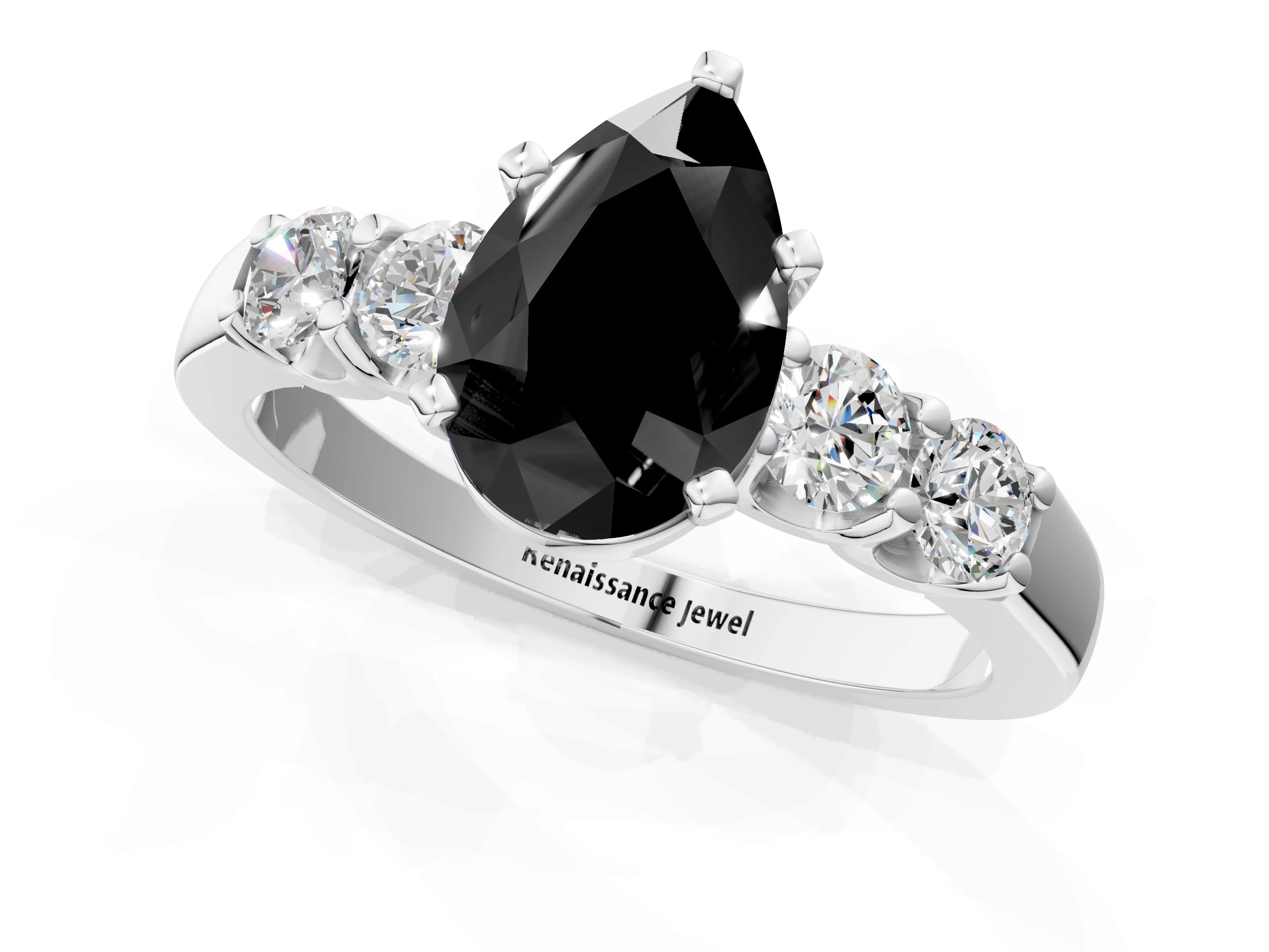 White gold Fancy Black Pear Cut Brilliant Diamond Five-Stone Engagement Ring with Prong Setting on a Classic Band_4