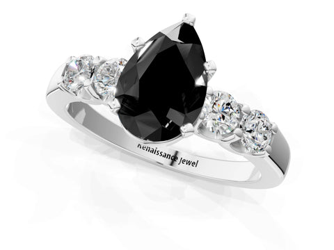 White gold Fancy Black Pear Cut Brilliant Diamond Five-Stone Engagement Ring with Prong Setting on a Classic Band_4