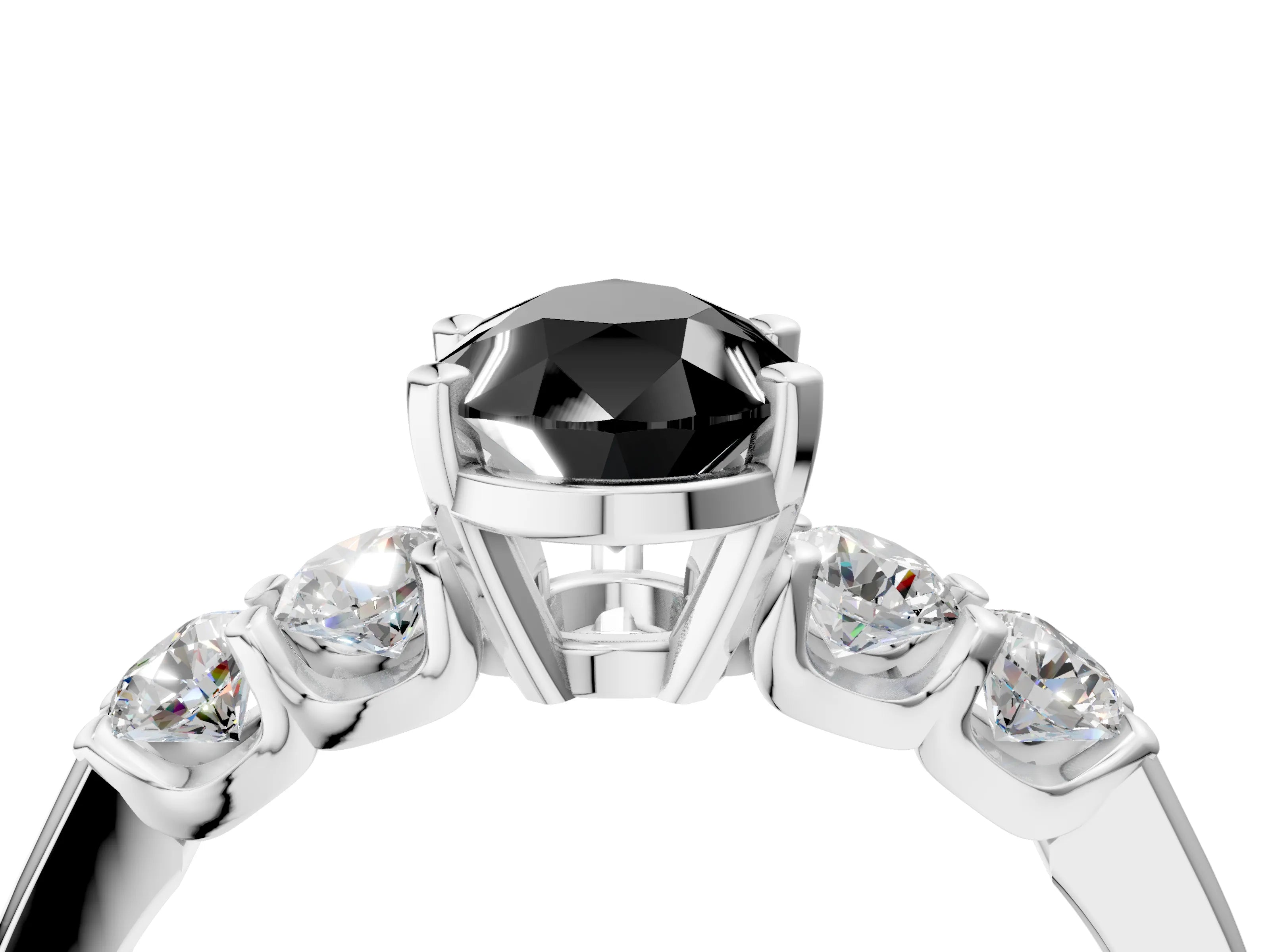 White gold Fancy Black Pear Cut Brilliant Diamond Five-Stone Engagement Ring with Prong Setting on a Classic Band_7