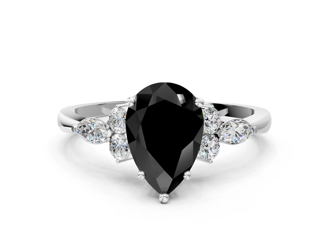 White gold Fancy Black Pear Cut Brilliant Diamond Solitaire Ring with Pear Side Stones and Four-Prong Setting_6