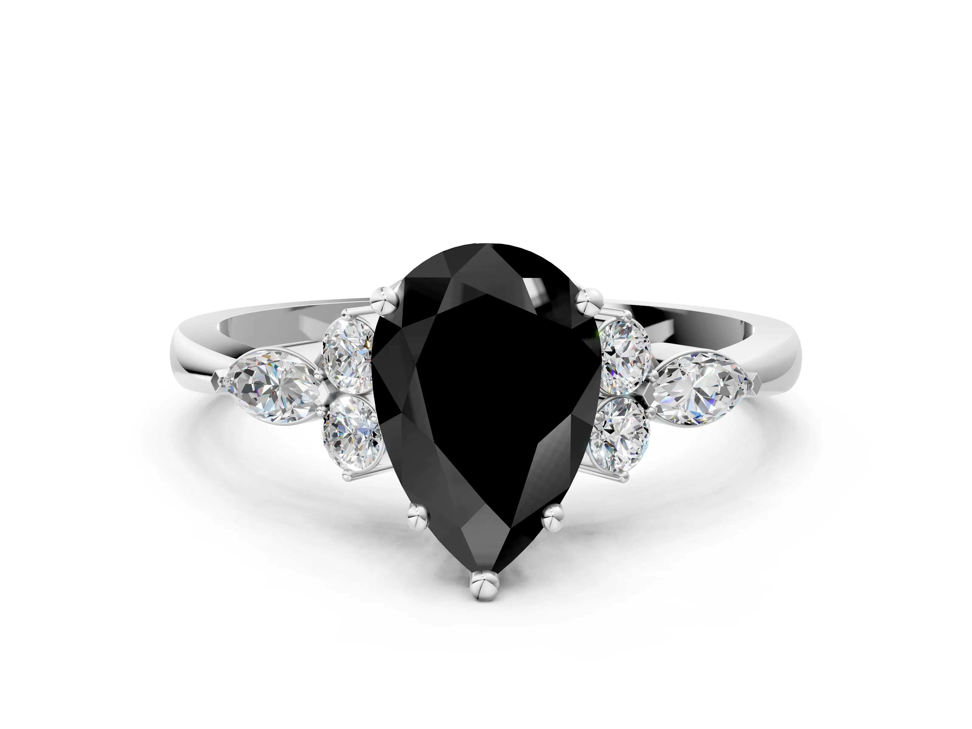 White gold Fancy Black Pear Cut Brilliant Diamond Solitaire Ring with Pear Side Stones and Four-Prong Setting_6