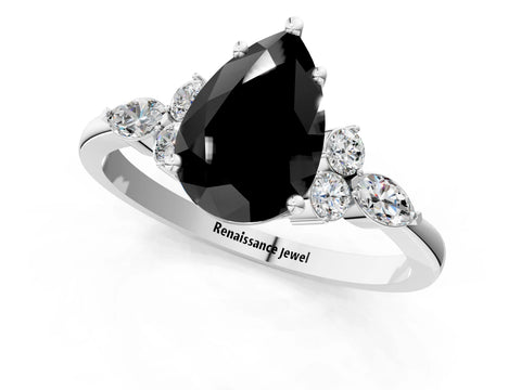 White gold Fancy Black Pear Cut Brilliant Diamond Solitaire Ring with Pear Side Stones and Four-Prong Setting_7