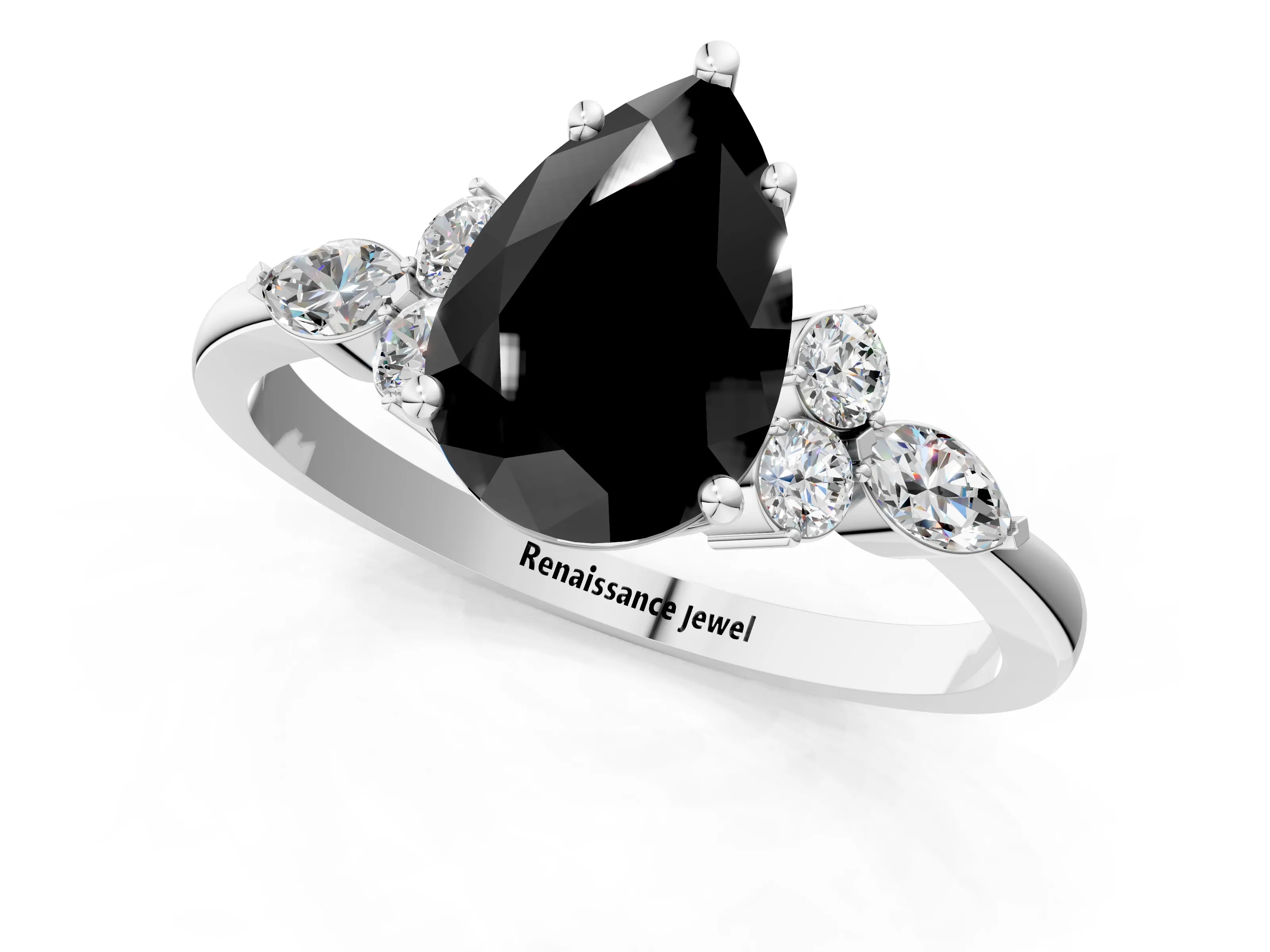 White gold Fancy Black Pear Cut Brilliant Diamond Solitaire Ring with Pear Side Stones and Four-Prong Setting_7