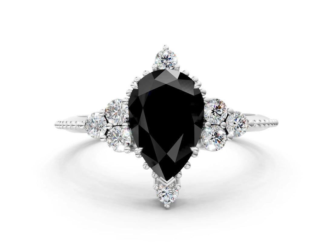 White gold Fancy Black Pear Cut Brilliant Diamond with Cluster Setting on a Beaded Band and Four-Prong Setting_12
