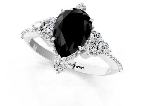 White gold Fancy Black Pear Cut Brilliant Diamond with Cluster Setting on a Beaded Band and Four-Prong Setting_13