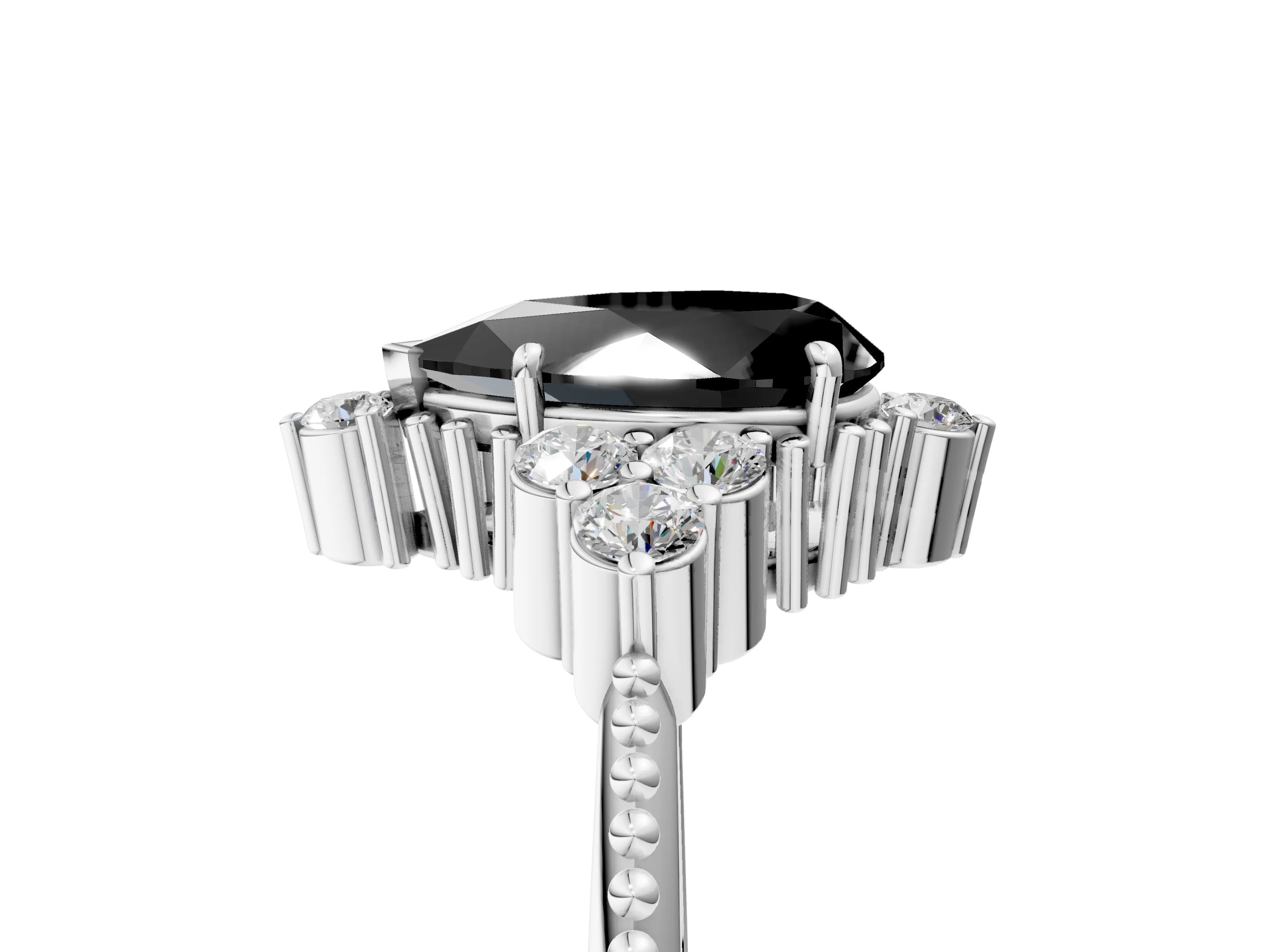 White gold Fancy Black Pear Cut Brilliant Diamond with Cluster Setting on a Beaded Band and Four-Prong Setting_17