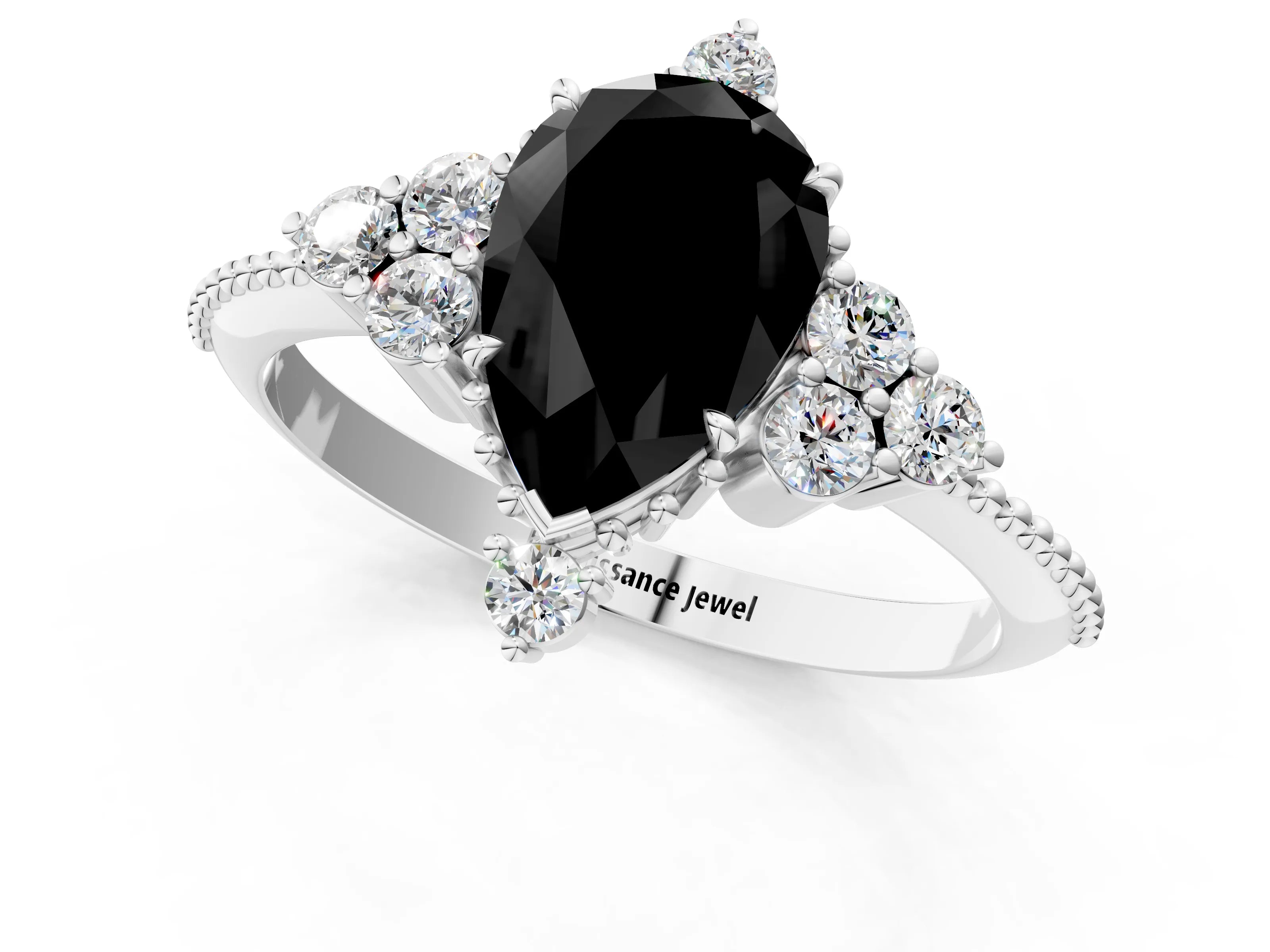 White gold Fancy Black Pear Cut Brilliant Diamond with Cluster Setting on a Beaded Band and Four-Prong Setting_1