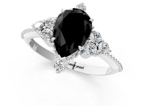 White gold Fancy Black Pear Cut Brilliant Diamond with Cluster Setting on a Beaded Band and Four-Prong Setting_1