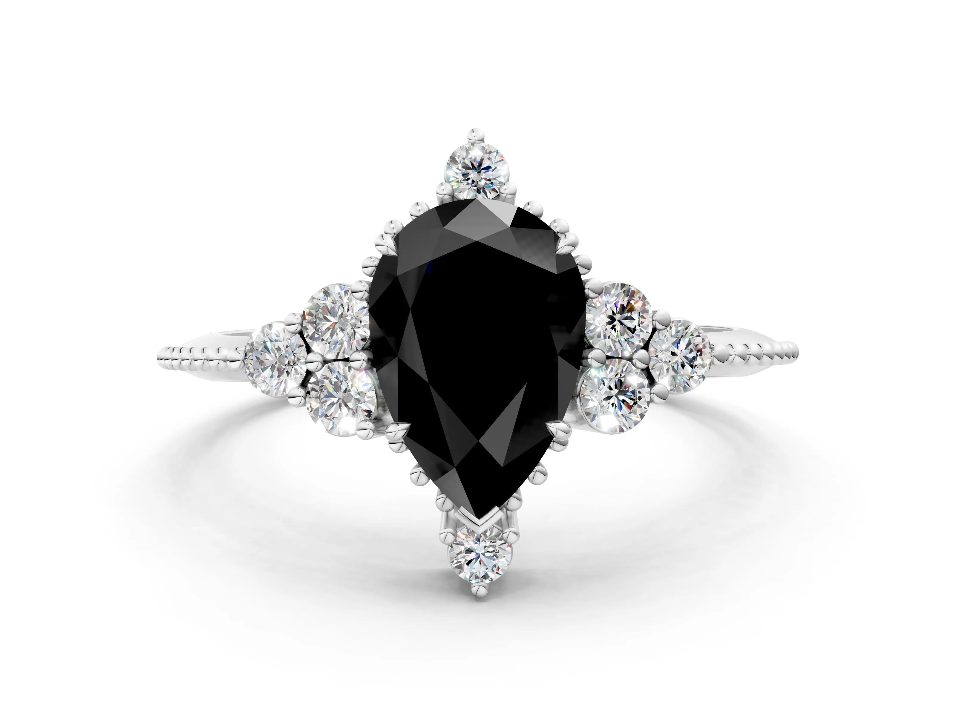 White gold Fancy Black Pear Cut Brilliant Diamond with Cluster Setting on a Beaded Band and Four-Prong Setting_24