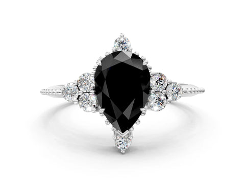 White gold Fancy Black Pear Cut Brilliant Diamond with Cluster Setting on a Beaded Band and Four-Prong Setting_24
