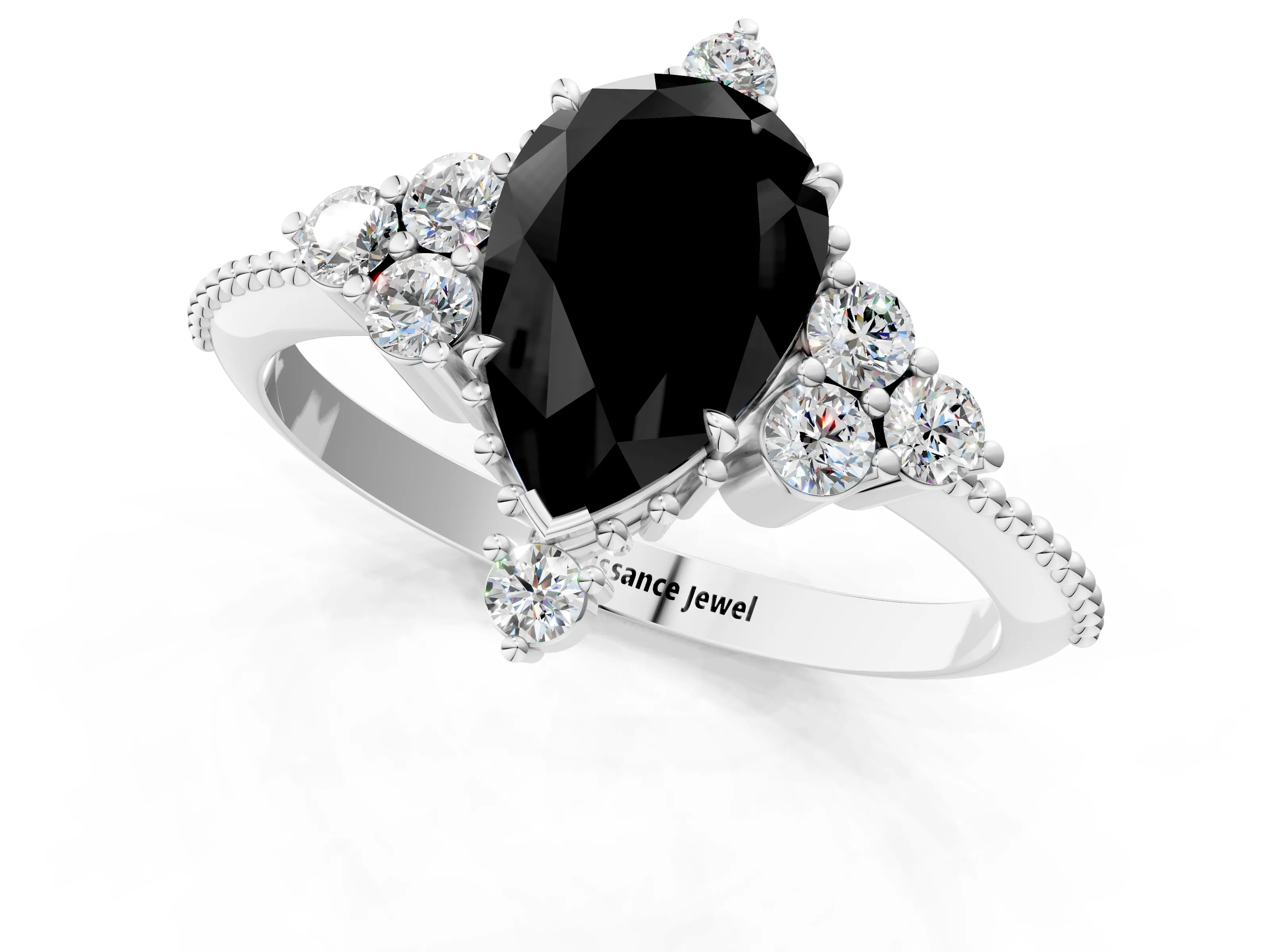 White gold Fancy Black Pear Cut Brilliant Diamond with Cluster Setting on a Beaded Band and Four-Prong Setting_25